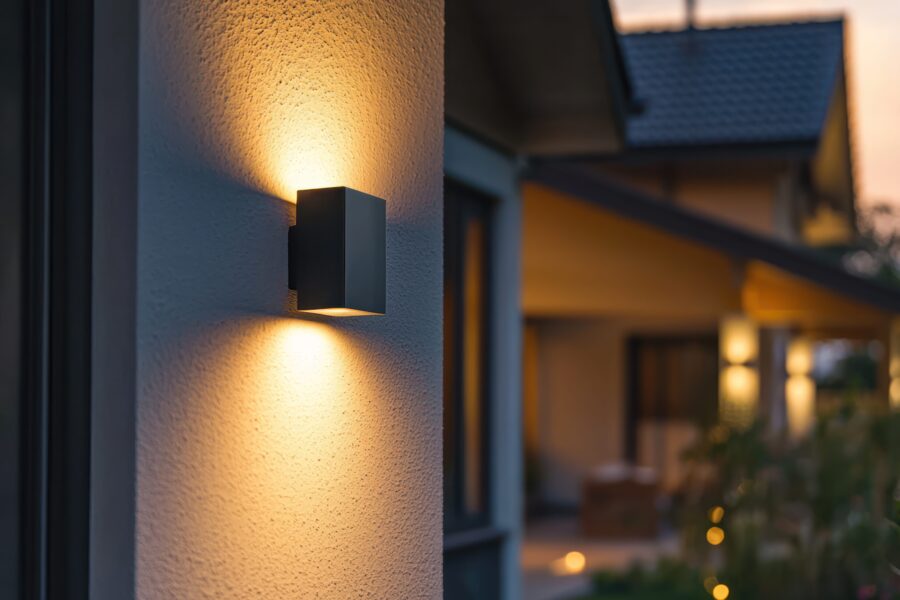 A home with smart lighting that turns on when motion is detected by the security system.