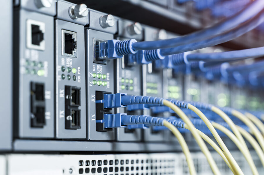 Fiber Optic cables connected to an optic ports